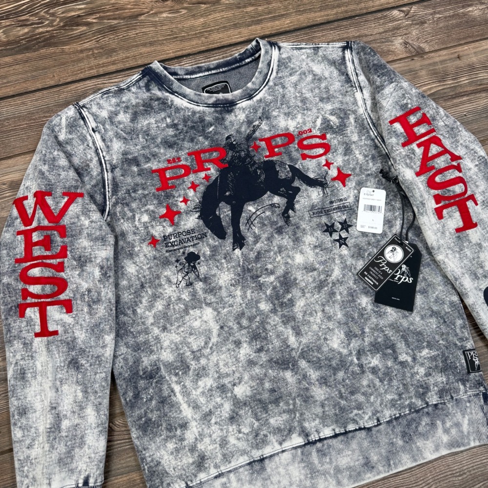 PRPS Mens Bronco Graphic Acid Wash Sweatshirt Heather Grey Navy E102S47 LARGE